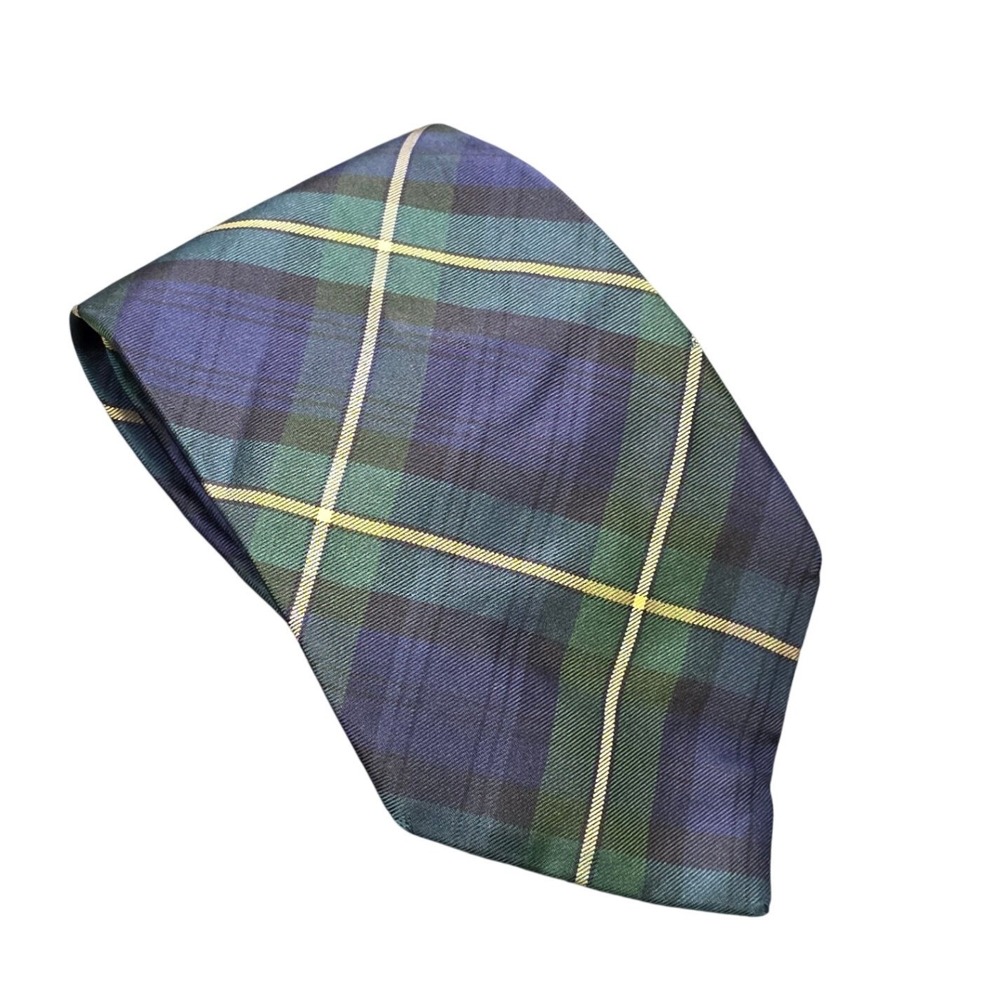 Tie Rack Silk Necktie Men's Navy Blue Green Yellow Tartan Plaid Made in UK